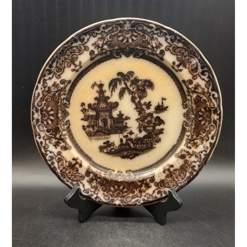 Antique Podmore Walker PW&Co Corean Mulberry Flow Blue Ironstone Plate Pagoda